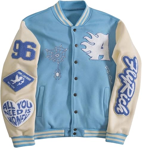 Men's Button Down Varsity Baseball Jacket Trendy Graphic Letterman Jacket
