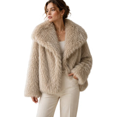 Women's Short Faux Fur Winter Coat With A Fluffy Large Lapel, Made Of Faux Fox Fur
