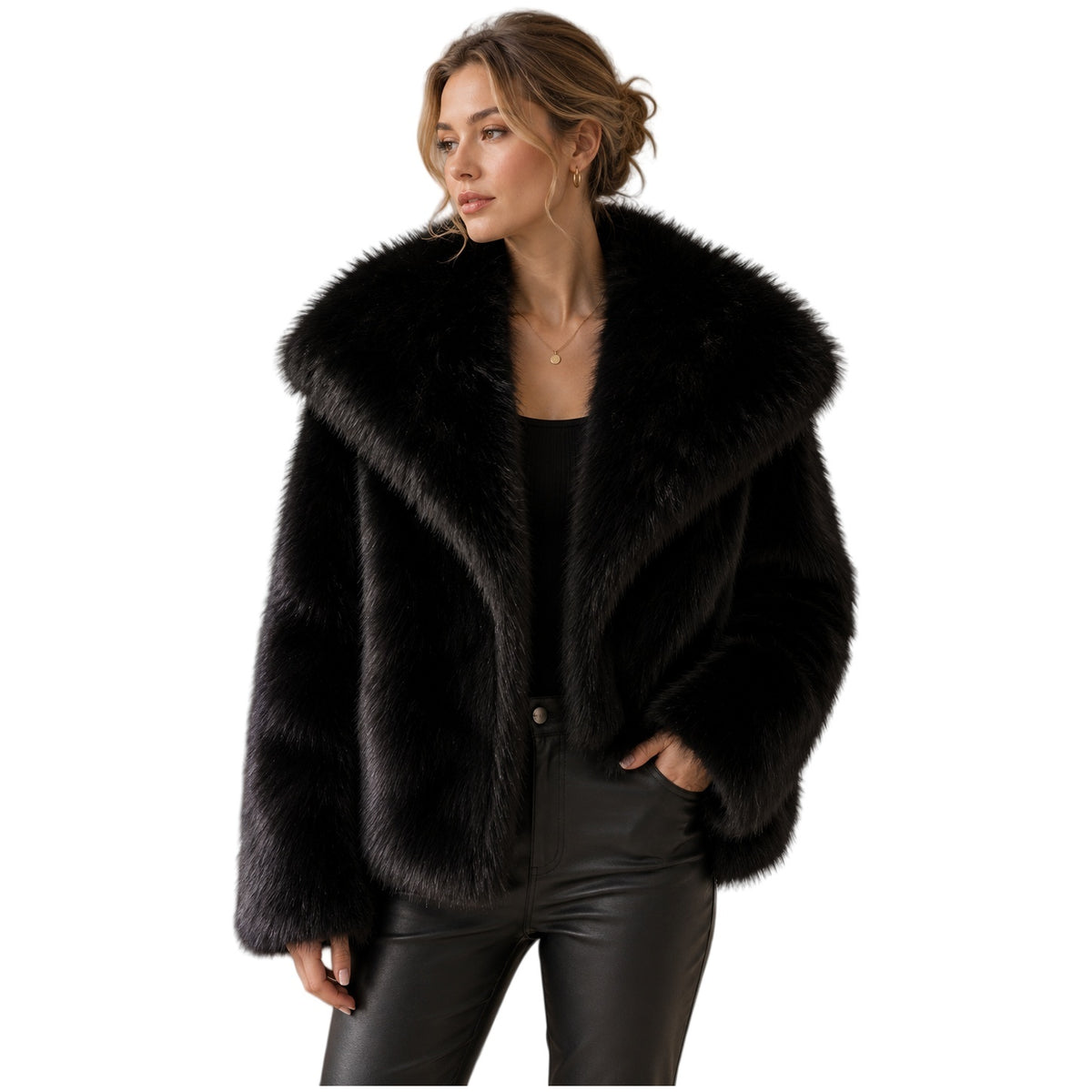 Women's Short Faux Fur Winter Coat With A Fluffy Large Lapel, Made Of Faux Fox Fur