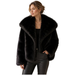 Women's Short Faux Fur Winter Coat With A Fluffy Large Lapel, Made Of Faux Fox Fur