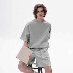 Men's Summer Casual T-Shirt Shorts Suits Set 100% Heavy Cotton Wash Suits