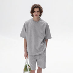 Men's Summer Casual T-Shirt Shorts Suits Set 100% Heavy Cotton Wash Suits