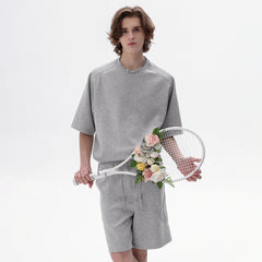 Men's Summer Casual T-Shirt Shorts Suits Set 100% Heavy Cotton Wash Suits