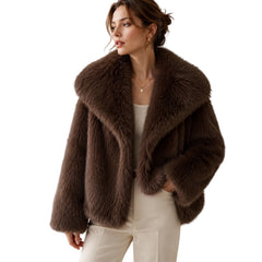 Women's Short Faux Fur Winter Coat With A Fluffy Large Lapel, Made Of Faux Fox Fur
