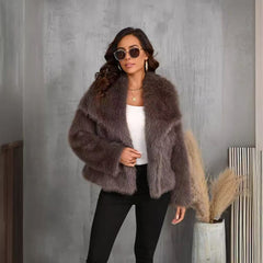 Women's Short Faux Fur Winter Coat With A Fluffy Large Lapel, Made Of Faux Fox Fur