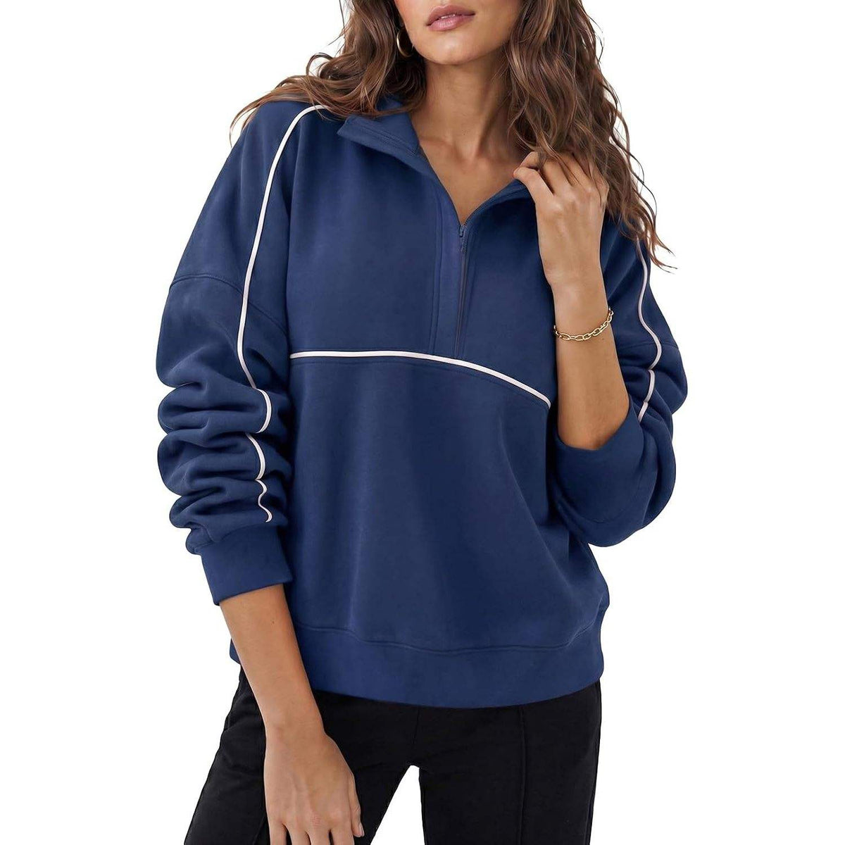 Women's Sweatshirt Long Sleeve Collared Zipper V Neck Loose Pullover Tops Casual Wear