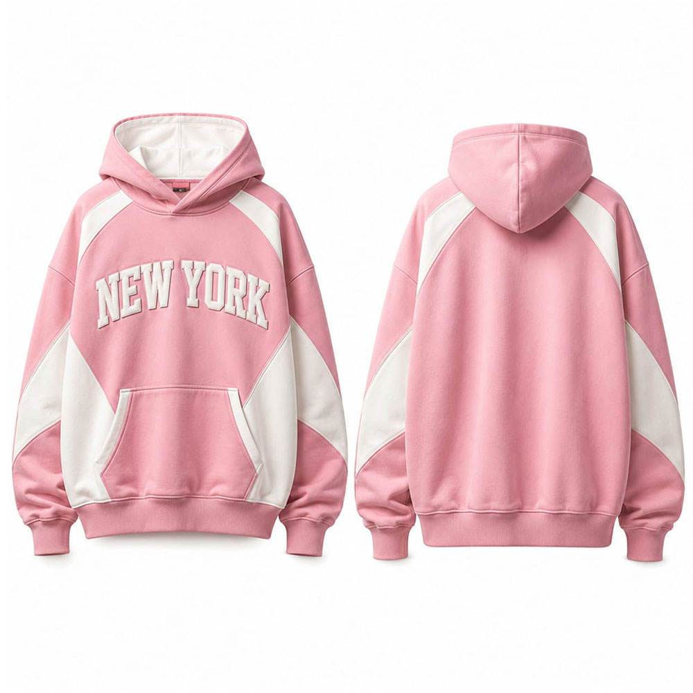 Pink Oversized Hooded Sweatshirt With New York Print Raglan Sleeve Fleece