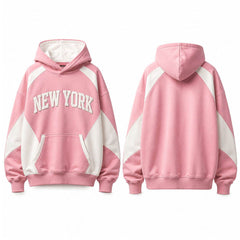 Pink Oversized Hooded Sweatshirt With New York Print Raglan Sleeve Fleece