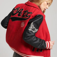 Letterman Jacket Blue Cashmere Wool Body & Pink Real Leather Sleeves Black Varsity Jacket