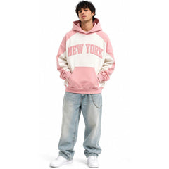 Pink Oversized Hooded Sweatshirt With New York Print Raglan Sleeve Fleece